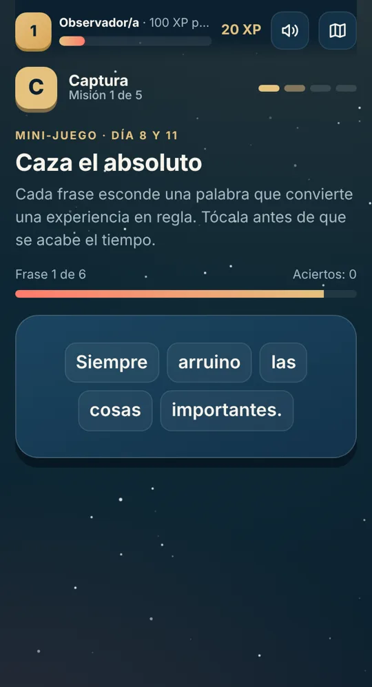Pantalla de la app CREAR: el mini juego Caza el absoluto