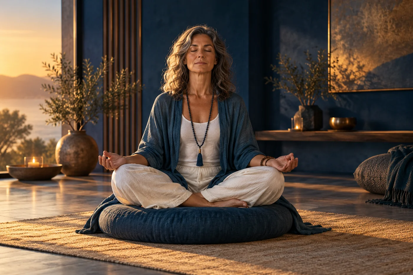 Persona en postura meditativa profundamente concentrada en su mundo interior